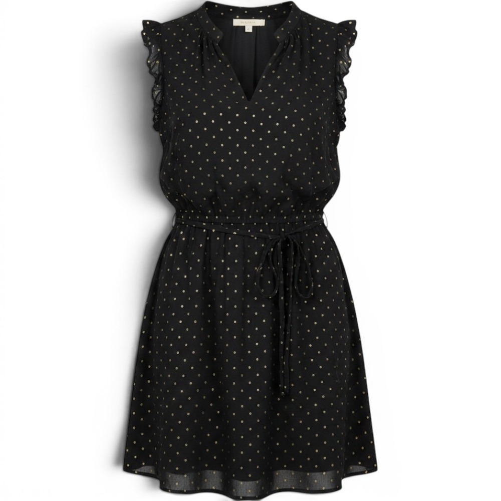 Loft A-Line Dress Womens 2XL Black Polka Dots Ruffle Trim Tie Waist Sleeveless